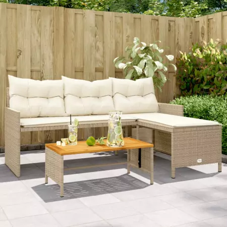 Divano da Giardino con Tavolo e Cuscini a L Beige in Polyrattan