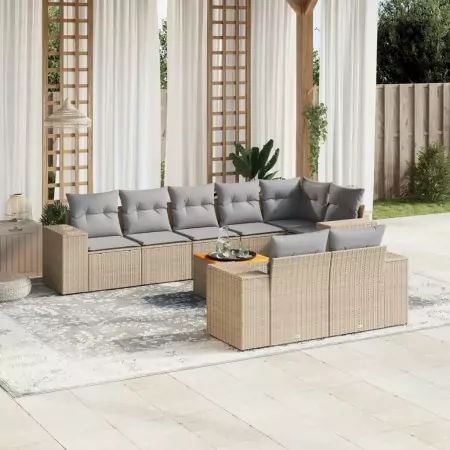 Set Divano da Giardino 9 pz con Cuscini Beige in Polyrattan