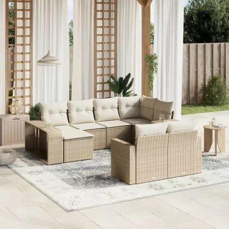 Set Divano da Giardino 10 pz con Cuscini Beige in Polyrattan