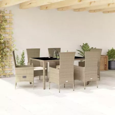 Set da Pranzo da Giardino 7 pz con Cuscini Beige in Polyrattan