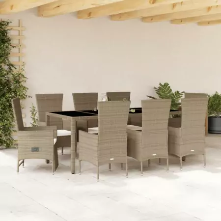 Set da Pranzo da Giardino 9 pz con Cuscini Beige in Polyrattan