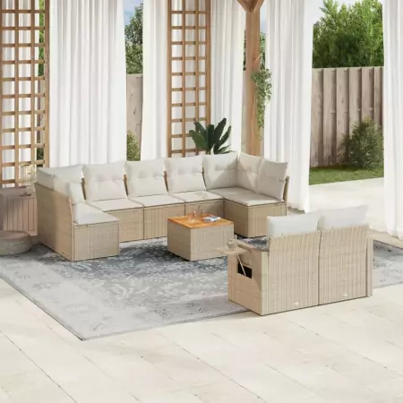 Set Divano da Giardino 10 pz con Cuscini Beige in Polyrattan