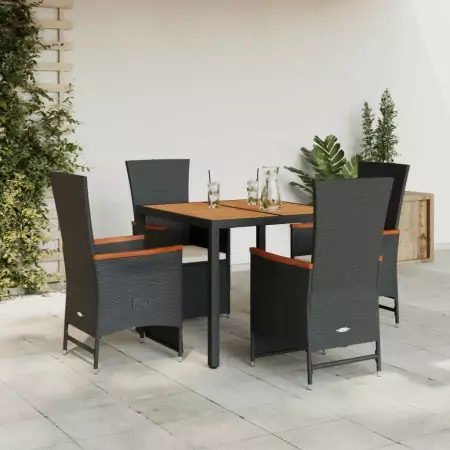 Set da Pranzo da Giardino 5 pz Nero con Cuscini in Polyrattan