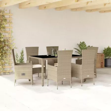 Set da Pranzo da Giardino 7 pz con Cuscini Beige in Polyrattan