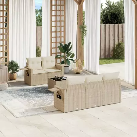 Set Divano da Giardino 6 pz con Cuscini Beige in Polyrattan