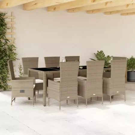 Set da Pranzo da Giardino 9 pz con Cuscini Beige in Polyrattan