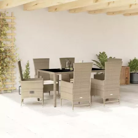 Set da Pranzo da Giardino 7 pz con Cuscini Beige in Polyrattan