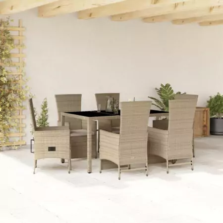 Set da Pranzo da Giardino 7 pz con Cuscini Beige in Polyrattan