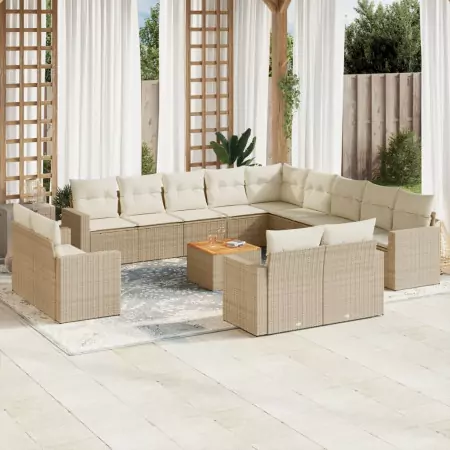 Set Divani da Giardino 14pz con Cuscini in Polyrattan Beige