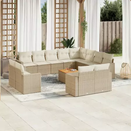 Set Divano da Giardino 13 pz con Cuscini Beige in Polyrattan