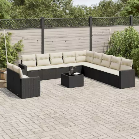 Set Divani da Giardino 12 pz con Cuscini Nero in Polyrattan