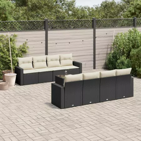 Set Divani da Giardino 9 pz con Cuscini Nero in Polyrattan