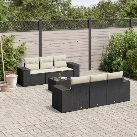 Set Divani da Giardino con Cuscini 7pz Nero Polyrattan