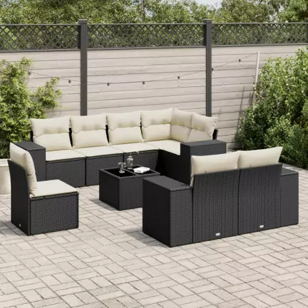 Set Divani da Giardino 9 pz con Cuscini Nero in Polyrattan