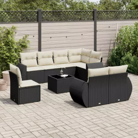 Set Divani da Giardino 9 pz con Cuscini Nero in Polyrattan