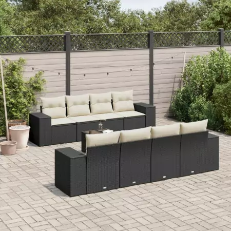 Set Divani da Giardino 9 pz con Cuscini Nero in Polyrattan