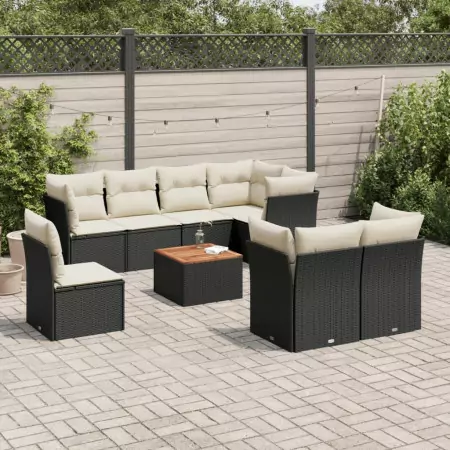 Set Divani da Giardino 9 pz con Cuscini Nero in Polyrattan