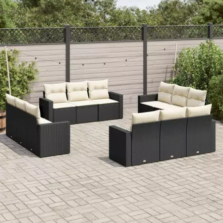 Set Divani da Giardino 12 pz con Cuscini Nero in Polyrattan