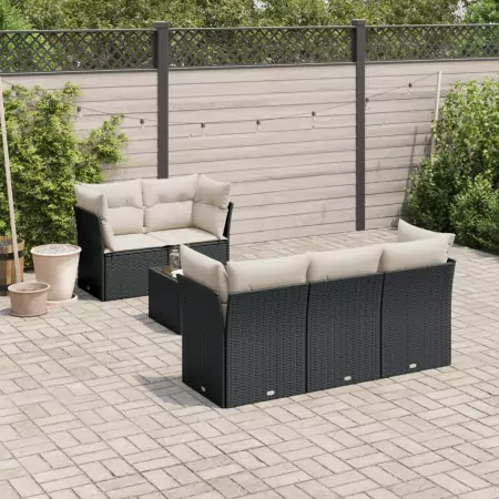 Set Divani da Giardino con Cuscini 7pz Nero Polyrattan