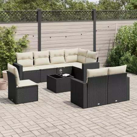 Set Divani da Giardino 9 pz con Cuscini Nero in Polyrattan