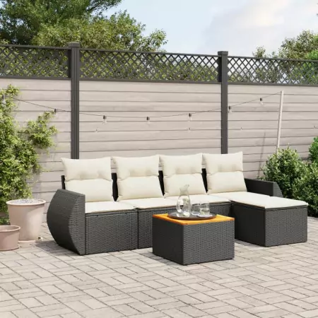 Set Divano da Giardino 6 pz con Cuscini Nero in Polyrattan