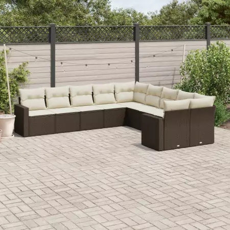 Set Divani da Giardino 10pz con Cuscini in Polyrattan Marrone