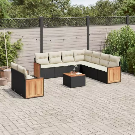 Set Divani da Giardino 10pz con Cuscini in Polyrattan Nero