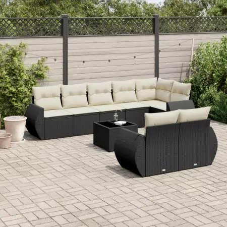 Set Divani da Giardino 9 pz con Cuscini Nero in Polyrattan