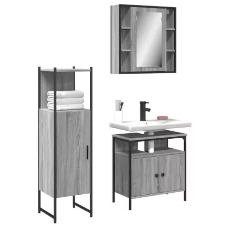 Set Mobili da Bagno 3 pz Grigio Sonoma in Legno Multistrato