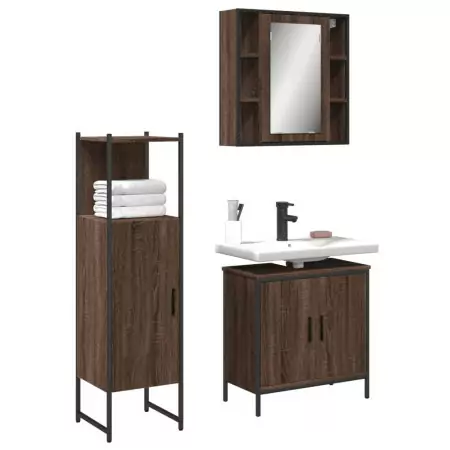 Set Mobili da Bagno 3 pz Rovere Marrone in Legno Multistrato