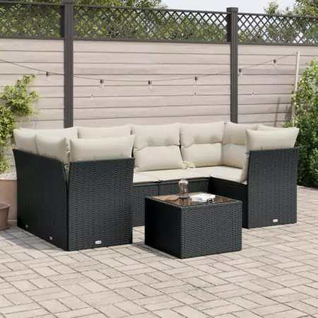 Set Divani da Giardino con Cuscini 7pz Nero Polyrattan