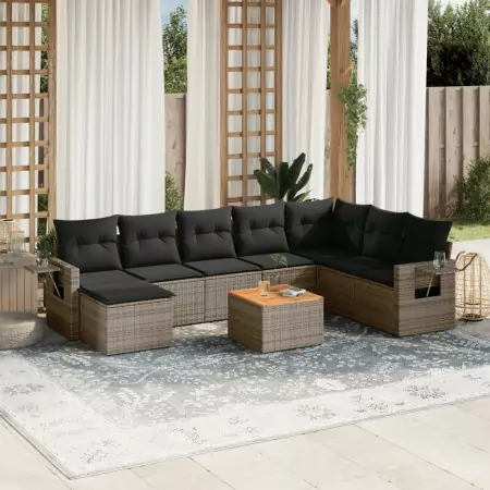 Set Divano da Giardino 9 pz con Cuscini Grigio in Polyrattan