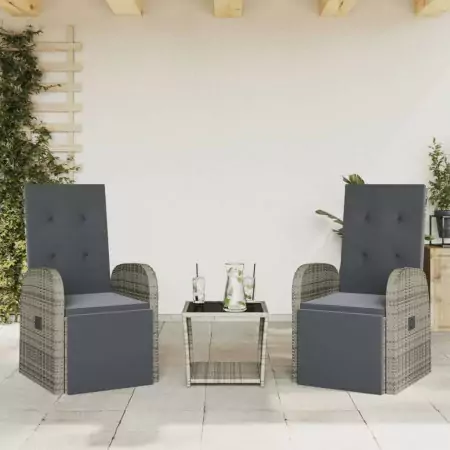 Set da Pranzo da Giardino 3 pz con Cuscini in Polyrattan Grigio