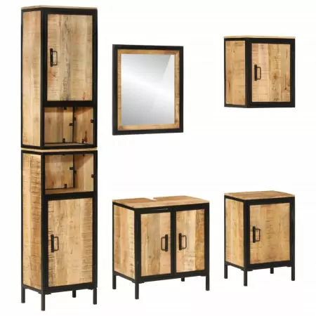 Set Mobili da Bagno 5 pz in Ferro e Legno Massello di Mango