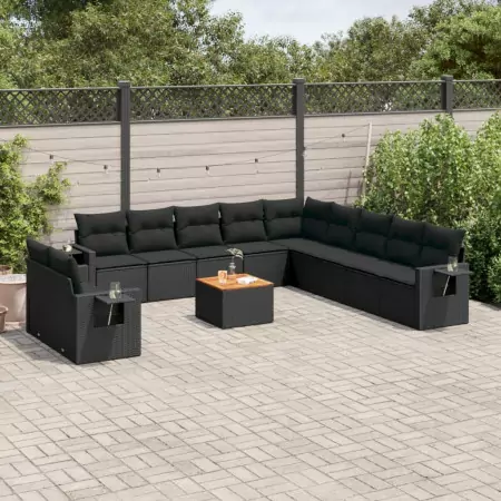 Set Divani da Giardino 12 pz con Cuscini Nero in Polyrattan