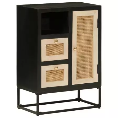 Credenza Nera 55x30x76 cm in Legno Massello di Mango e Ferro