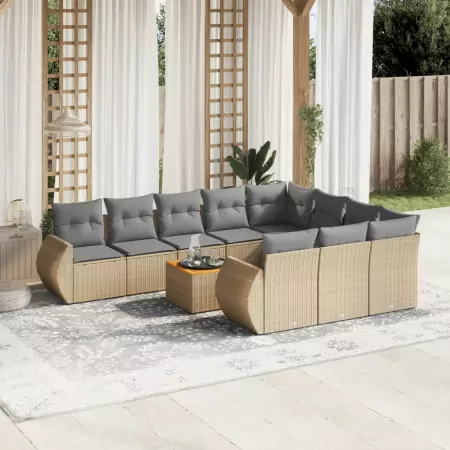 Set Divani da Giardino 11 pz con Cuscini Beige in Polyrattan