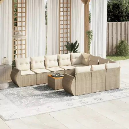 Set Divani da Giardino 11 pz con Cuscini Beige in Polyrattan