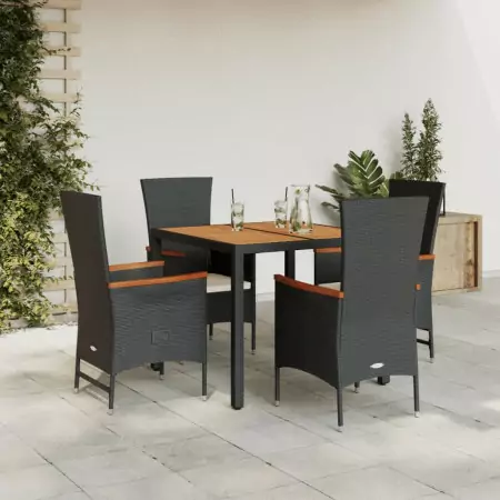 Set da Pranzo da Giardino 5 pz Nero con Cuscini in Polyrattan