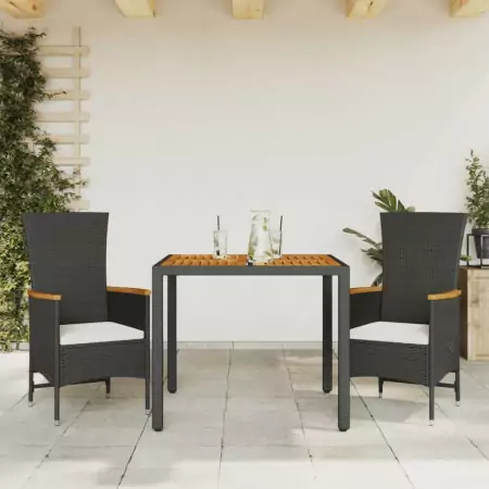 Set da Pranzo da Giardino 3 pz con Cuscini Nero in Polyrattan