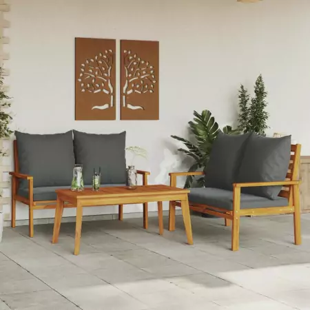 Set Mobili da Giardino 3pz con Cuscini Legno Massello di Acacia