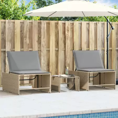 Lettini Prendisole 2 pz con Tavolino Beige in Polyrattan