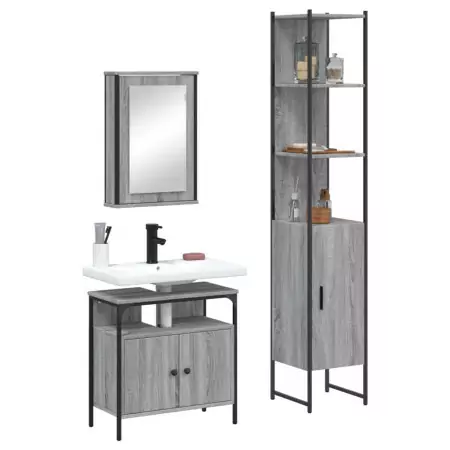 Set Mobili da Bagno 3 pz Grigio Sonoma in Legno Multistrato