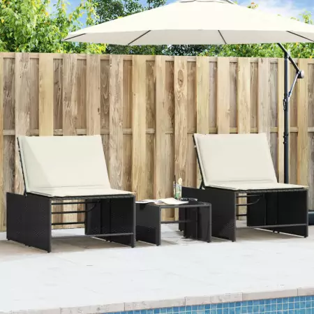 Lettini Prendisole 2 pz con Tavolino Nero in Polyrattan