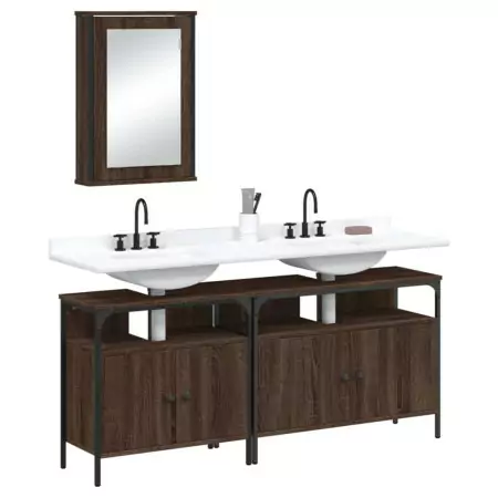 Set Mobili da Bagno 3 pz Rovere Marrone in Legno Multistrato