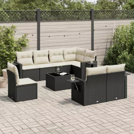 Set Divani da Giardino 9 pz con Cuscini Nero in Polyrattan