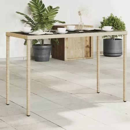 Tavolo da Giardino con Piano Vetro Beige 115x54x74cm Polyrattan