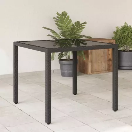 Tavolo da Giardino Piano in Vetro Nero 90x90x75 cm Polyrattan