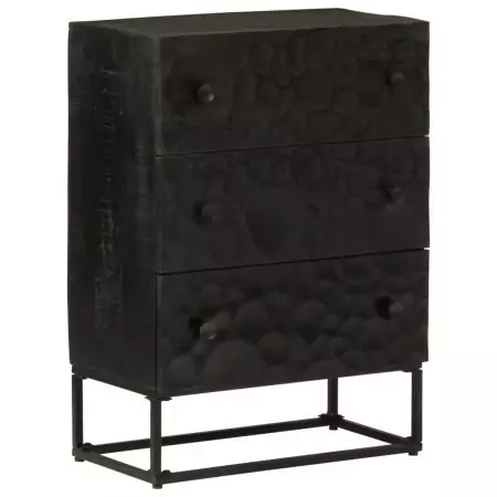 Cassettiera Nera 55x30x76 cm in Legno Massello di Mango e Ferro