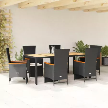 Set da Pranzo da Giardino 7 pz Nero con Cuscini in Polyrattan